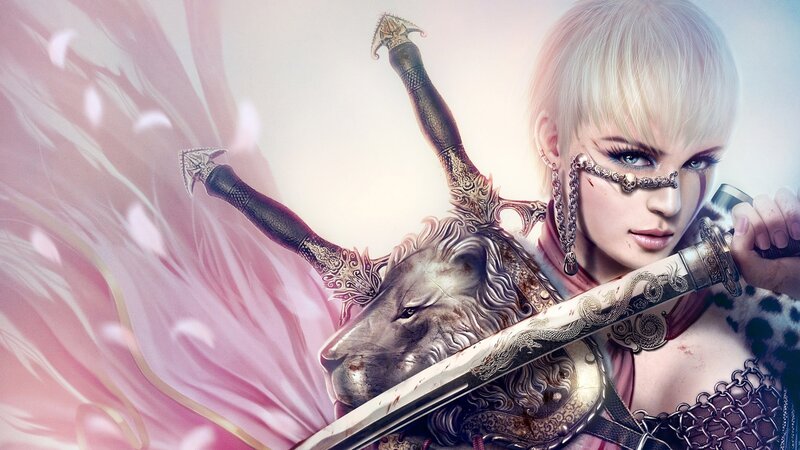 Blonde Woman with Swords — Pink