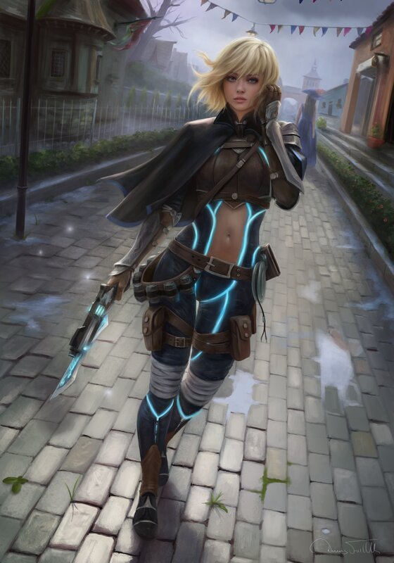 Blonde Woman with Weapon — Blue, Dramatic, Morning