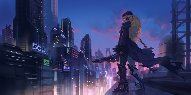Blonde Woman with Weapon — Blue, Dramatic, Night