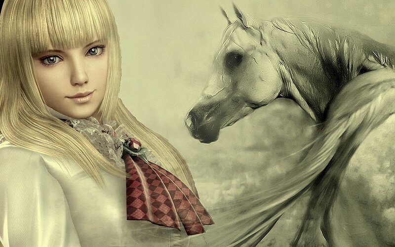 blonde woman with white horse