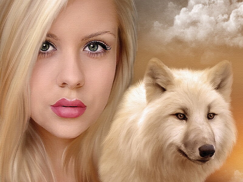 Blonde Woman with White Wolf