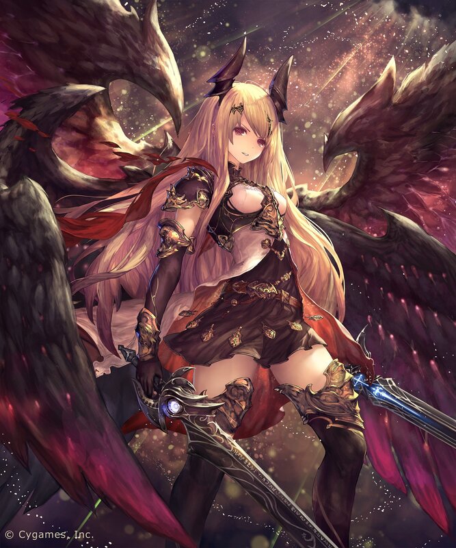 Blonde Woman with Wings — Black, Dramatic, Digital Art, Sword, Armor