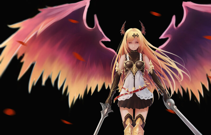 Blonde Woman with Wings — Black, Dramatic, Digital Art