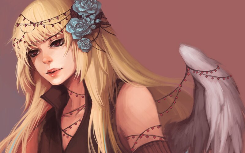 Blonde Woman with Wings — Brown, Dramatic, Digital Art, Flowers, Headband
