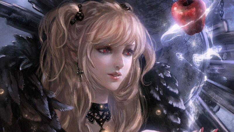 Blonde Woman with Wings — Brown, Dramatic, Digital Art, Red Apple, Black Feathers