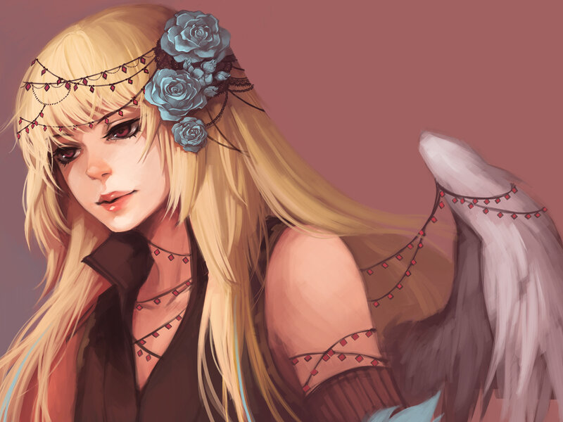 Blonde Woman with Wings — Brown, Dramatic, Digital Art