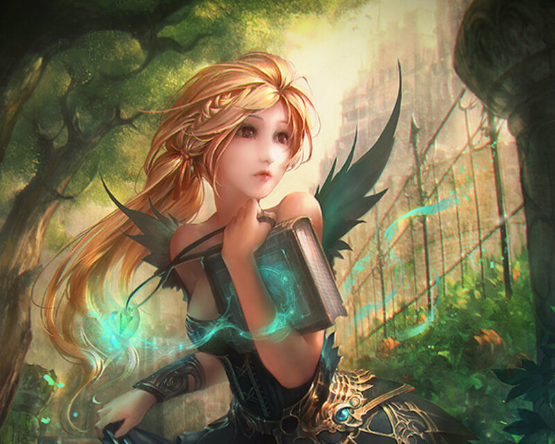 Blonde Woman with Wings — Green, Serene