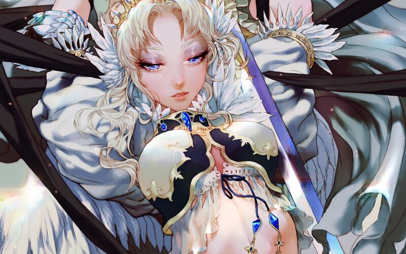 Blonde Woman with Wings — White, Dramatic, Digital Art, Sword