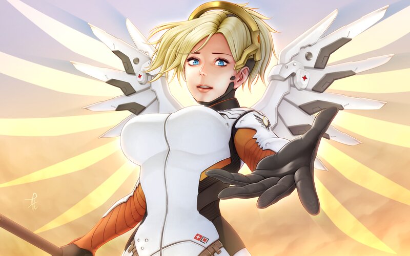 Blonde Woman with Wings — White, Dramatic, Sunset, Digital Art