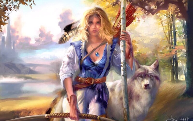 Blonde Woman with Wolf — Blue, Serene