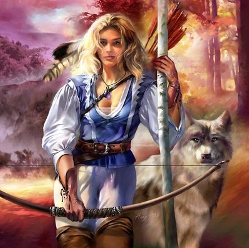 Blonde Woman with Wolf — Blue