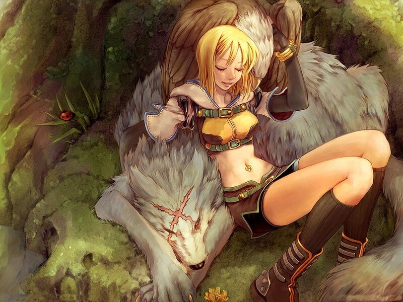 Blonde woman with wolf companion