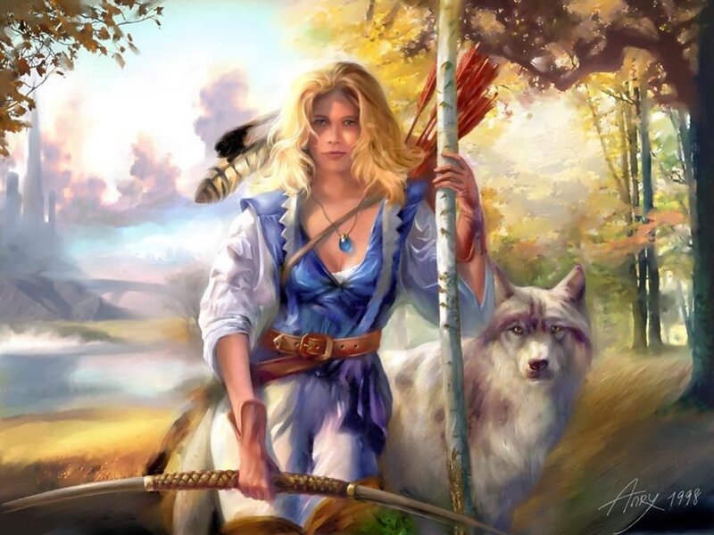 Blonde woman with wolf in forest