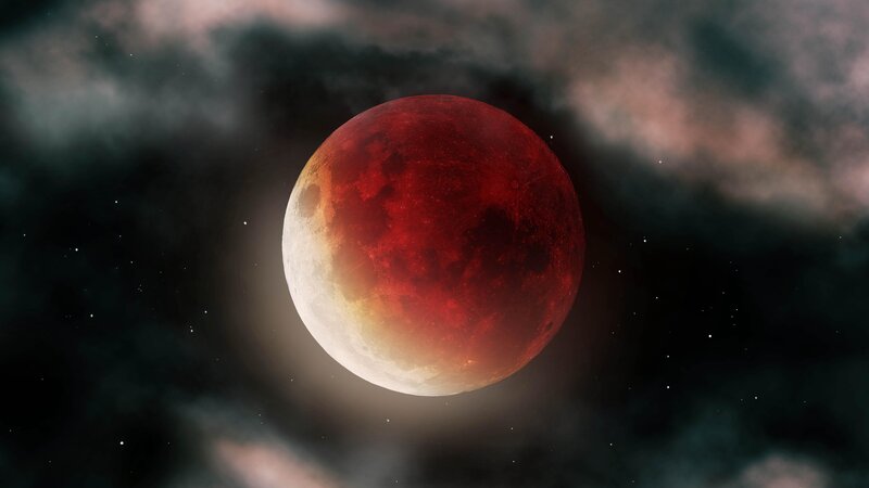 Blood Moon in Night Sky — Red, Dramatic, Digital Art