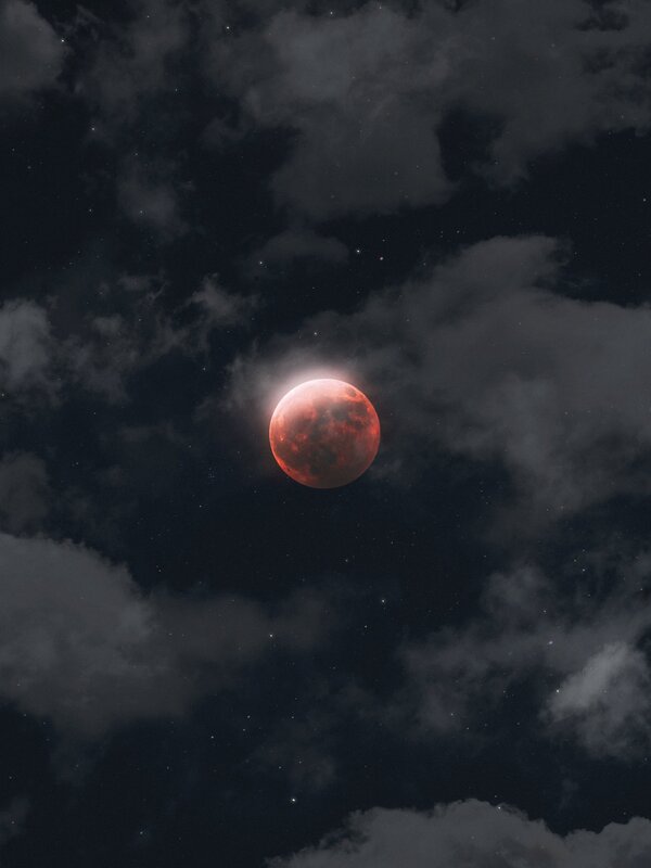 Blood Moon in Night Sky — Red, Dramatic, Photograph, Clouds