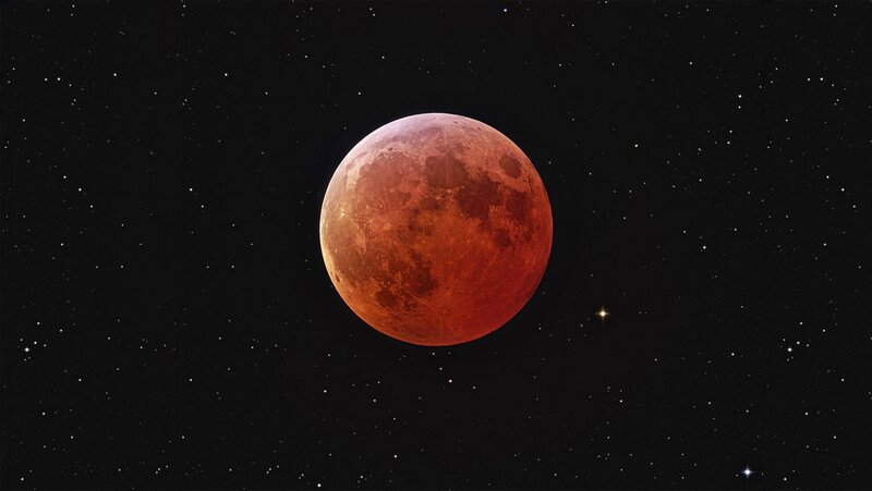 Blood Moon in Night Sky — Red, Dramatic, Photograph, Stars