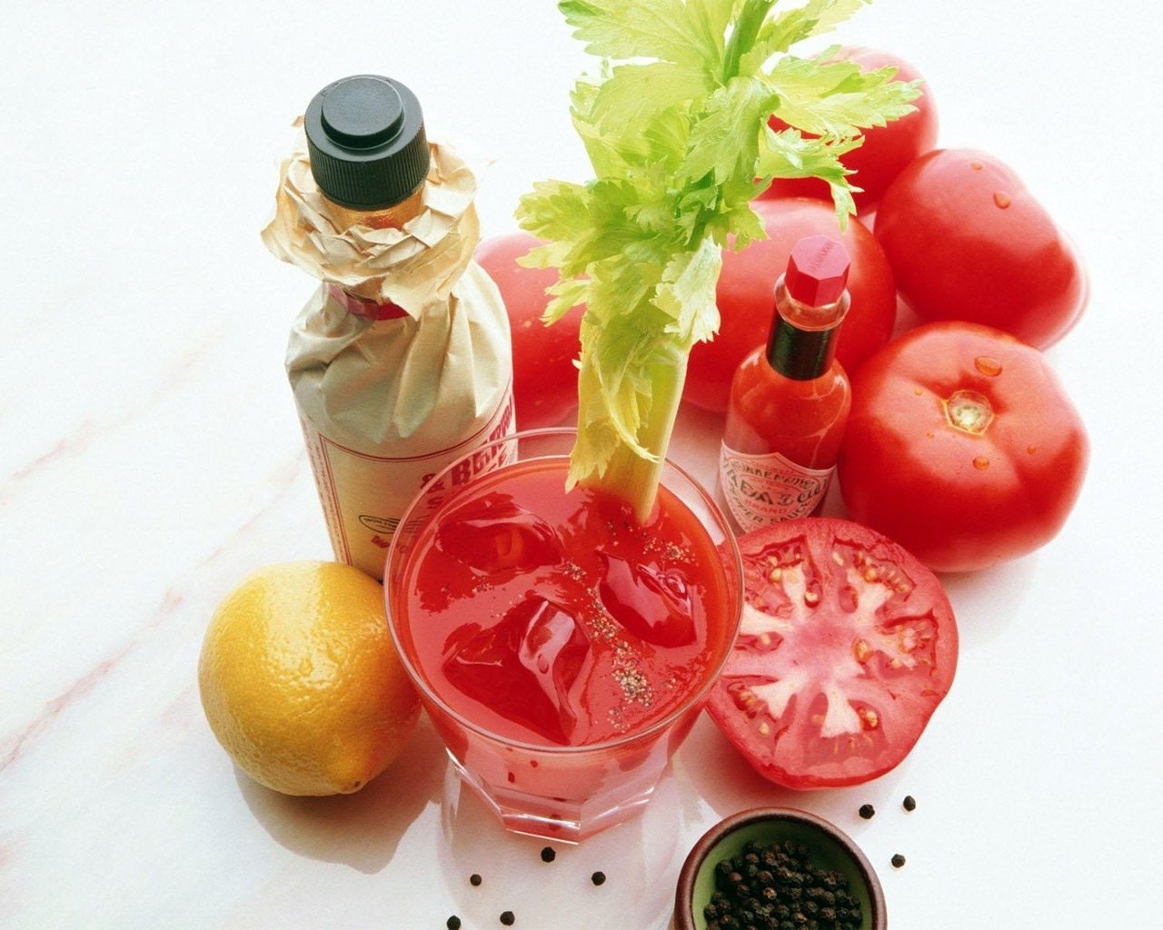 Bloody Mary cocktail with ingredients