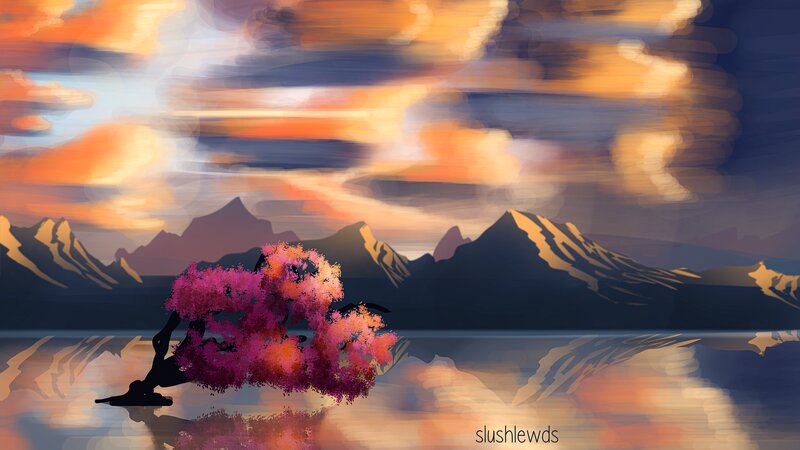Blooming Tree on Lake