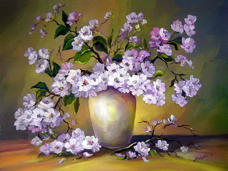 Blossoming Branches in Vase — Purple
