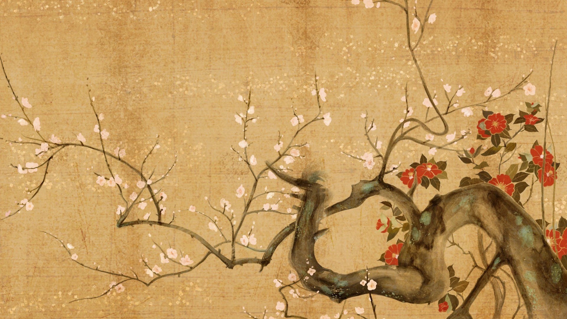 Blossoming branches on aged paper