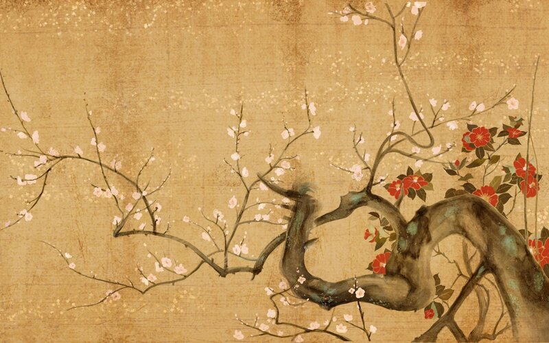 Blossoming branches on aged paper