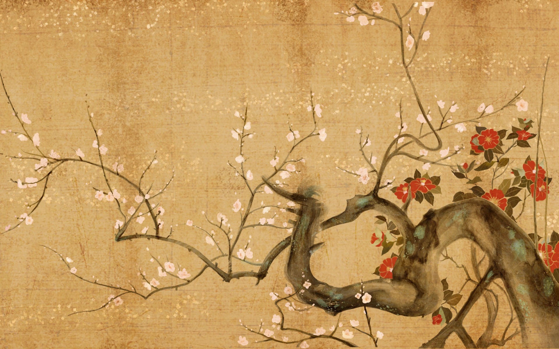 Blossoming branches on aged paper