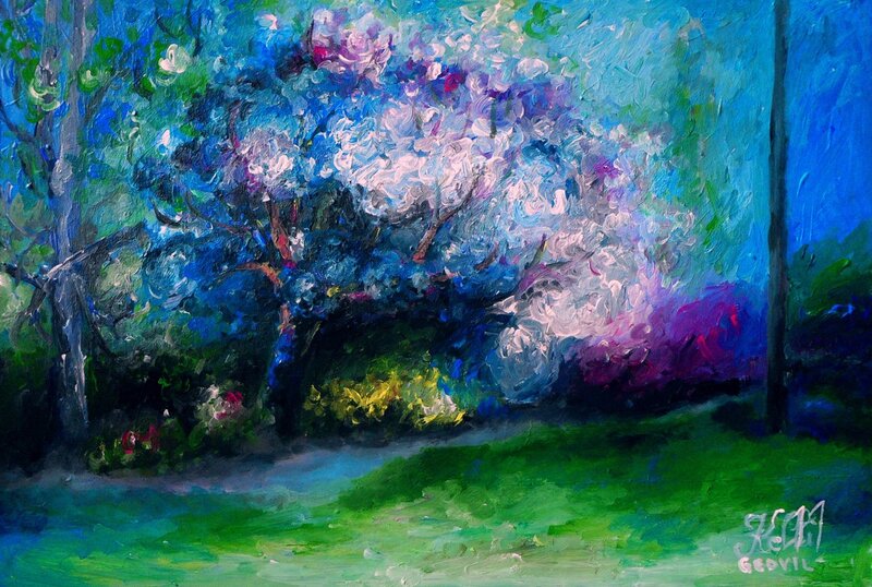Blossoming Tree in Garden — Blue