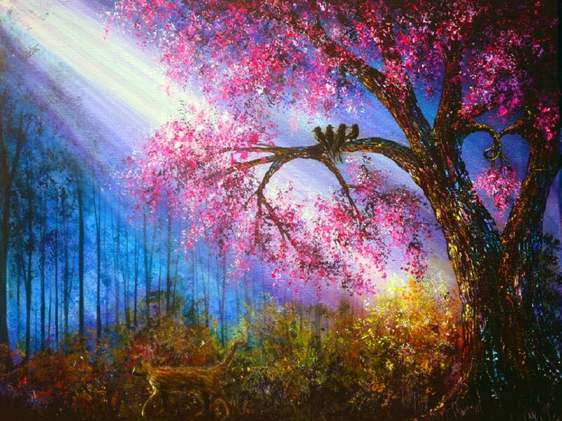 Blossoming Tree with Birds — Pink