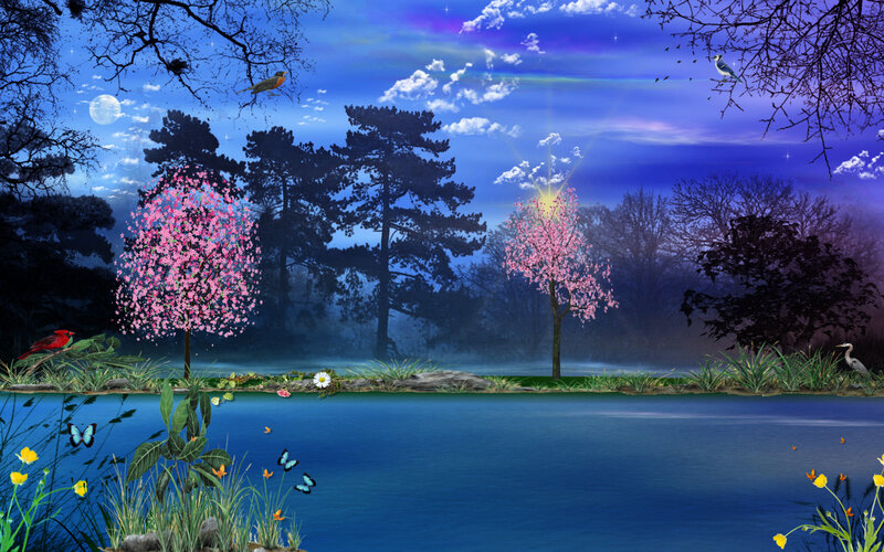 Blossoming Trees by Lake