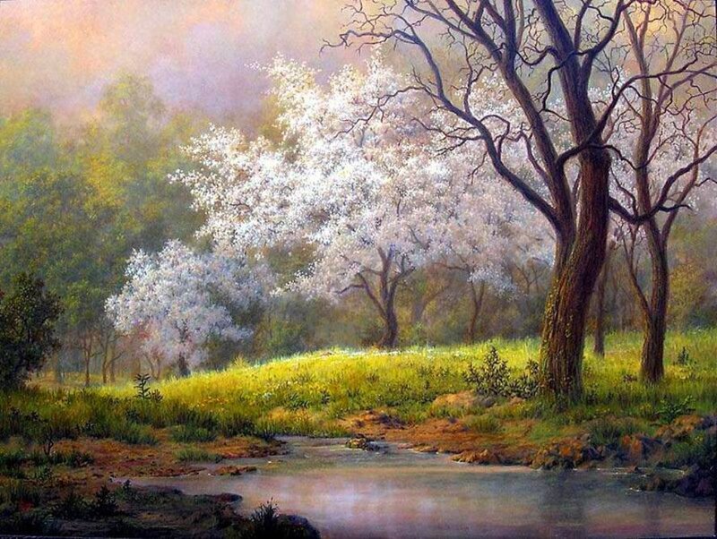 Blossoming Trees by Stream — Green