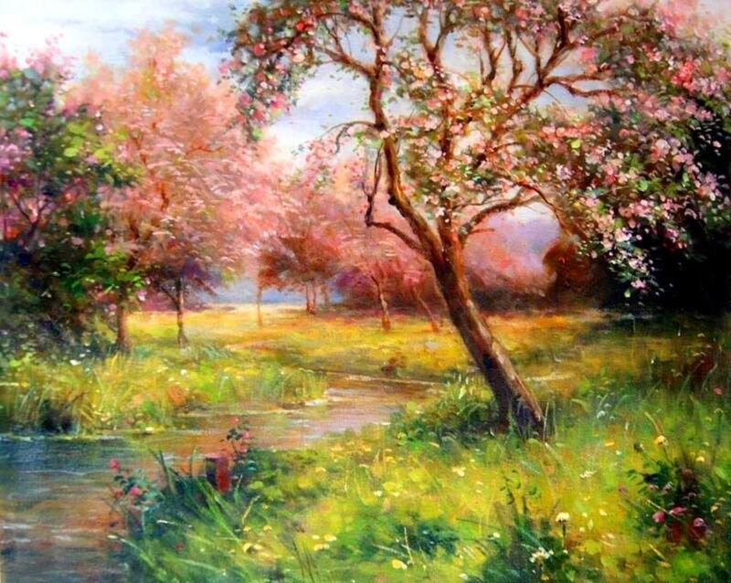 Blossoming Trees by Stream — Pink