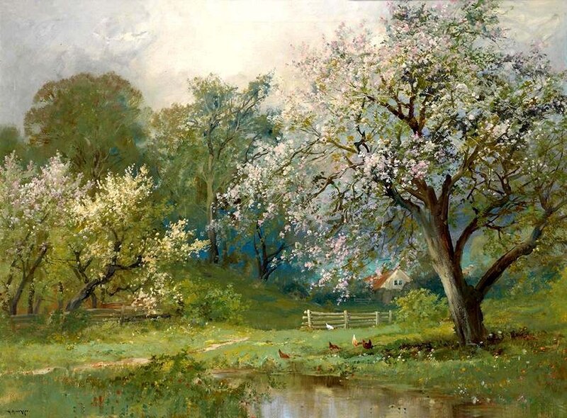 Blossoming Trees in Field — Green, Serene, Spring, Painting