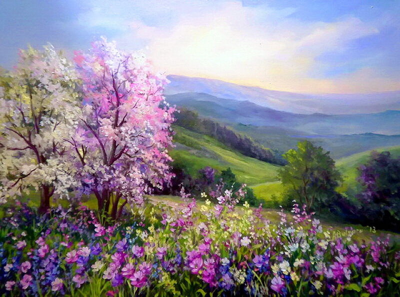 Blossoming Trees in Field — Pink