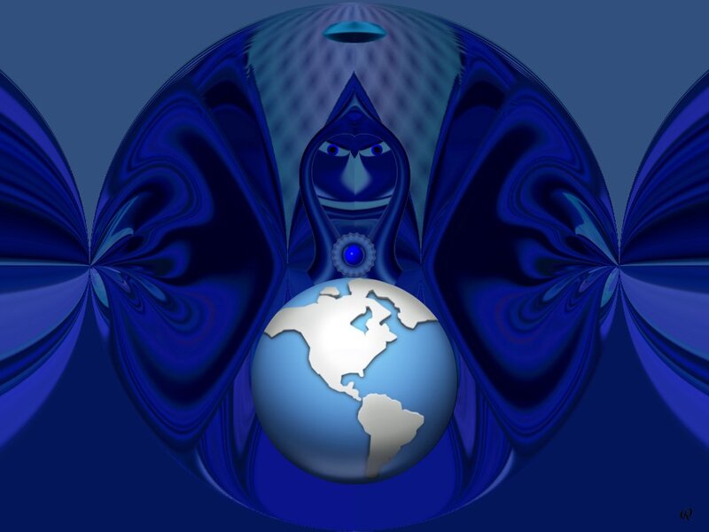 Blue Abstract Figure with Globe