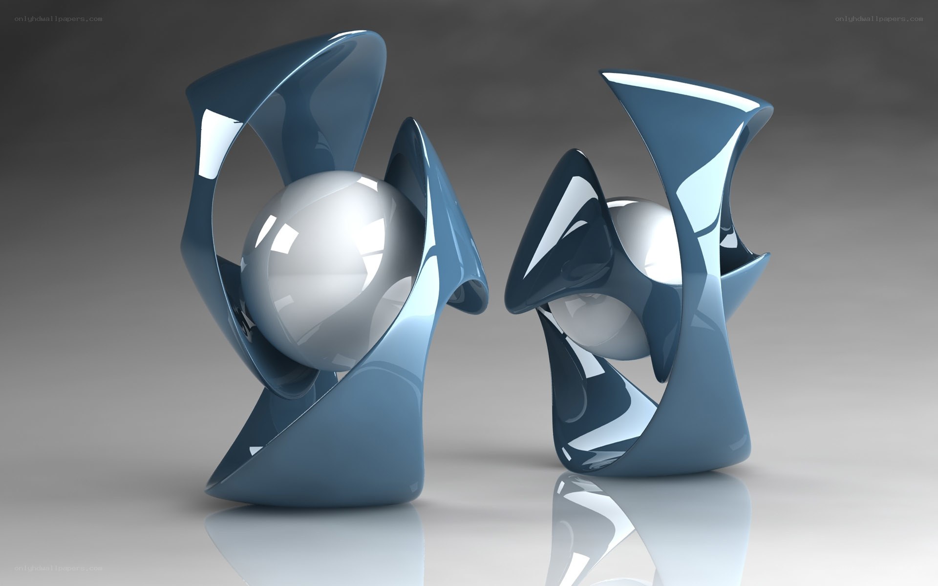 Blue abstract sculptures with spheres