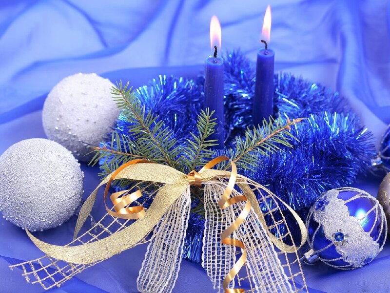 Blue Advent Wreath — Festive, Winter, Photograph, Candles, Ornaments, Pine Branches