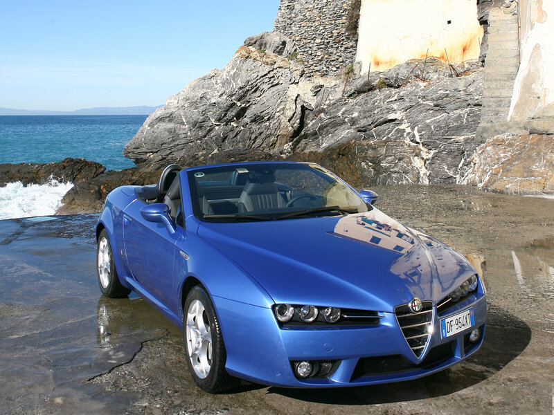 Blue Alfa Romeo Spider by the sea
