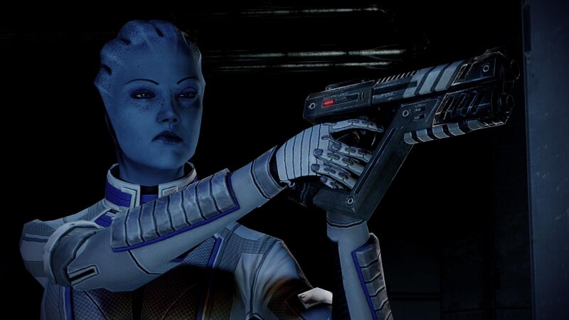 blue alien character holding gun