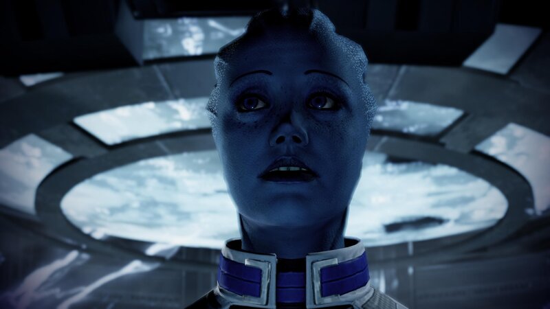 blue alien character in futuristic setting