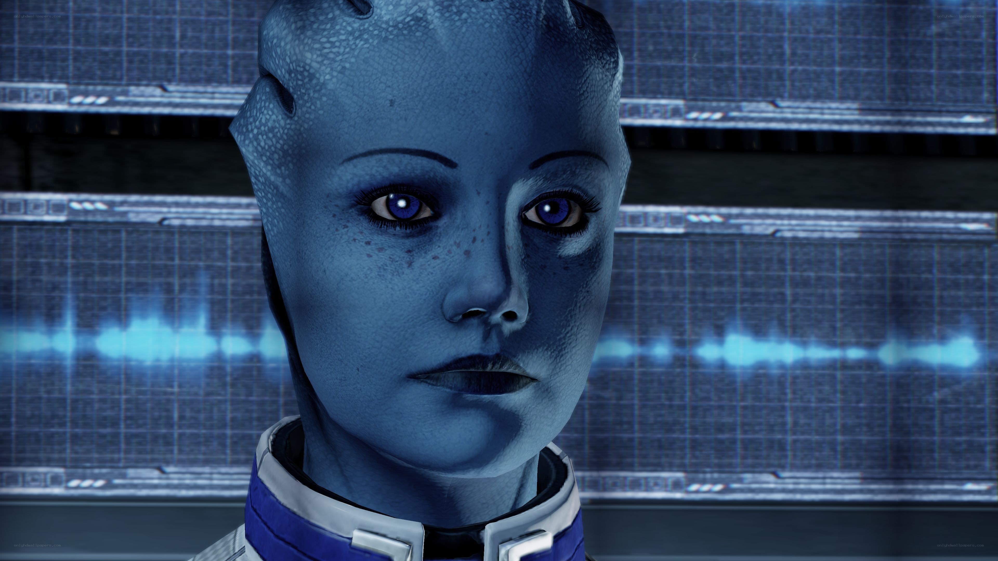blue alien character in futuristic setting