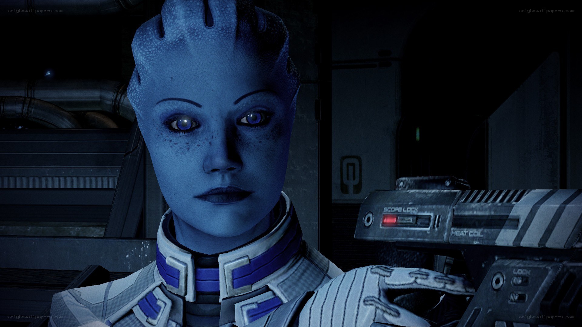 blue alien character in sci-fi setting