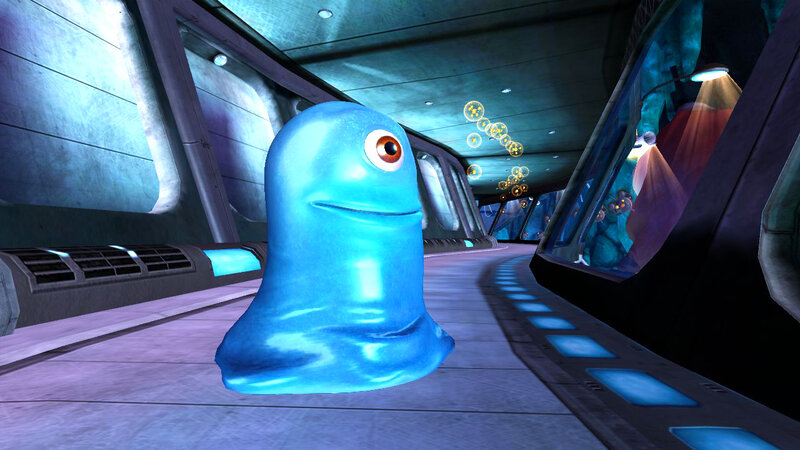 blue alien in a spaceship corridor