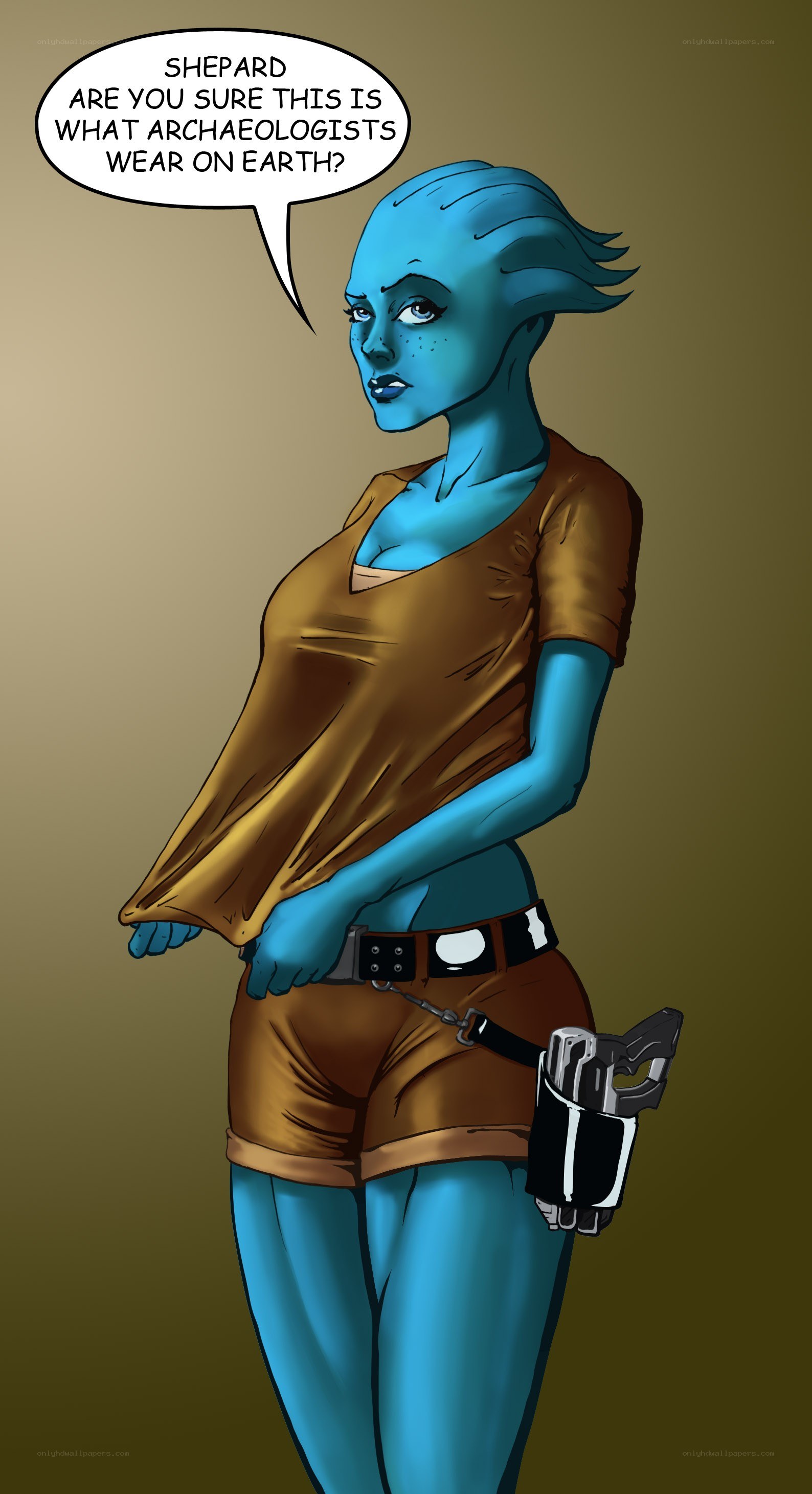 blue alien in brown clothes