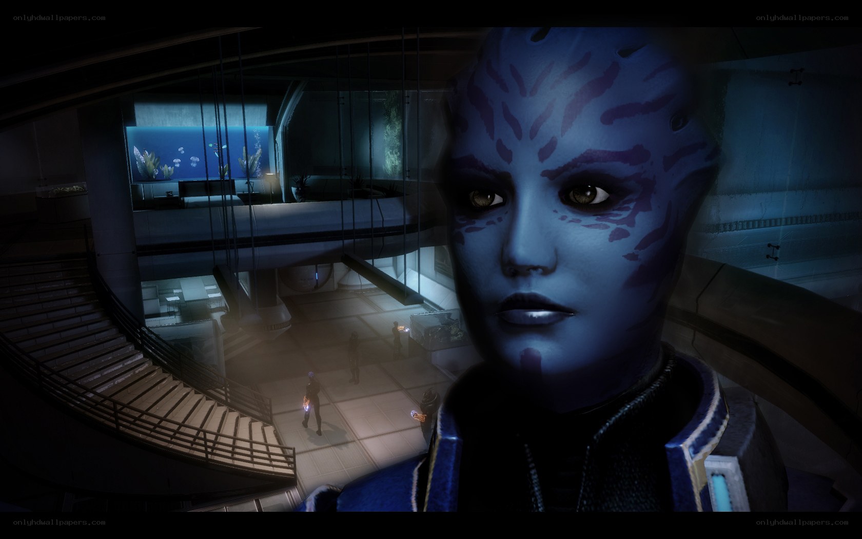 blue alien in futuristic corridor