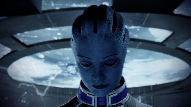blue alien in futuristic setting