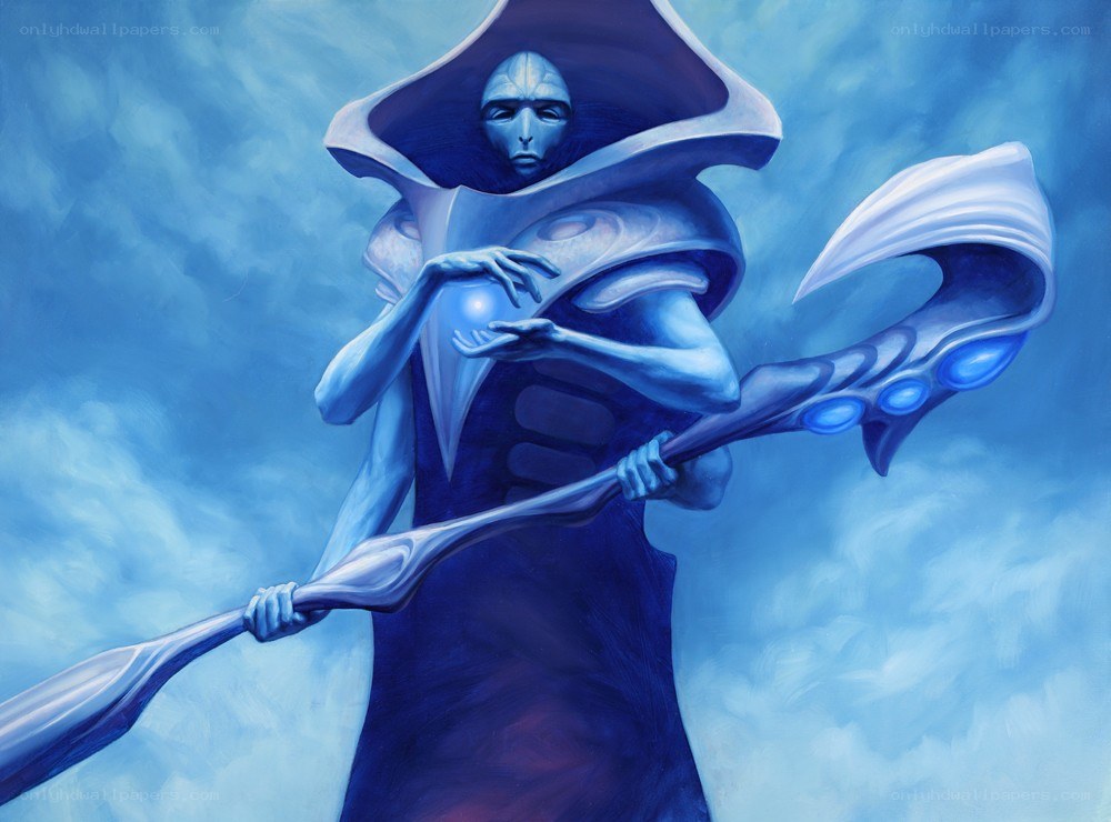 blue alien mage with staff