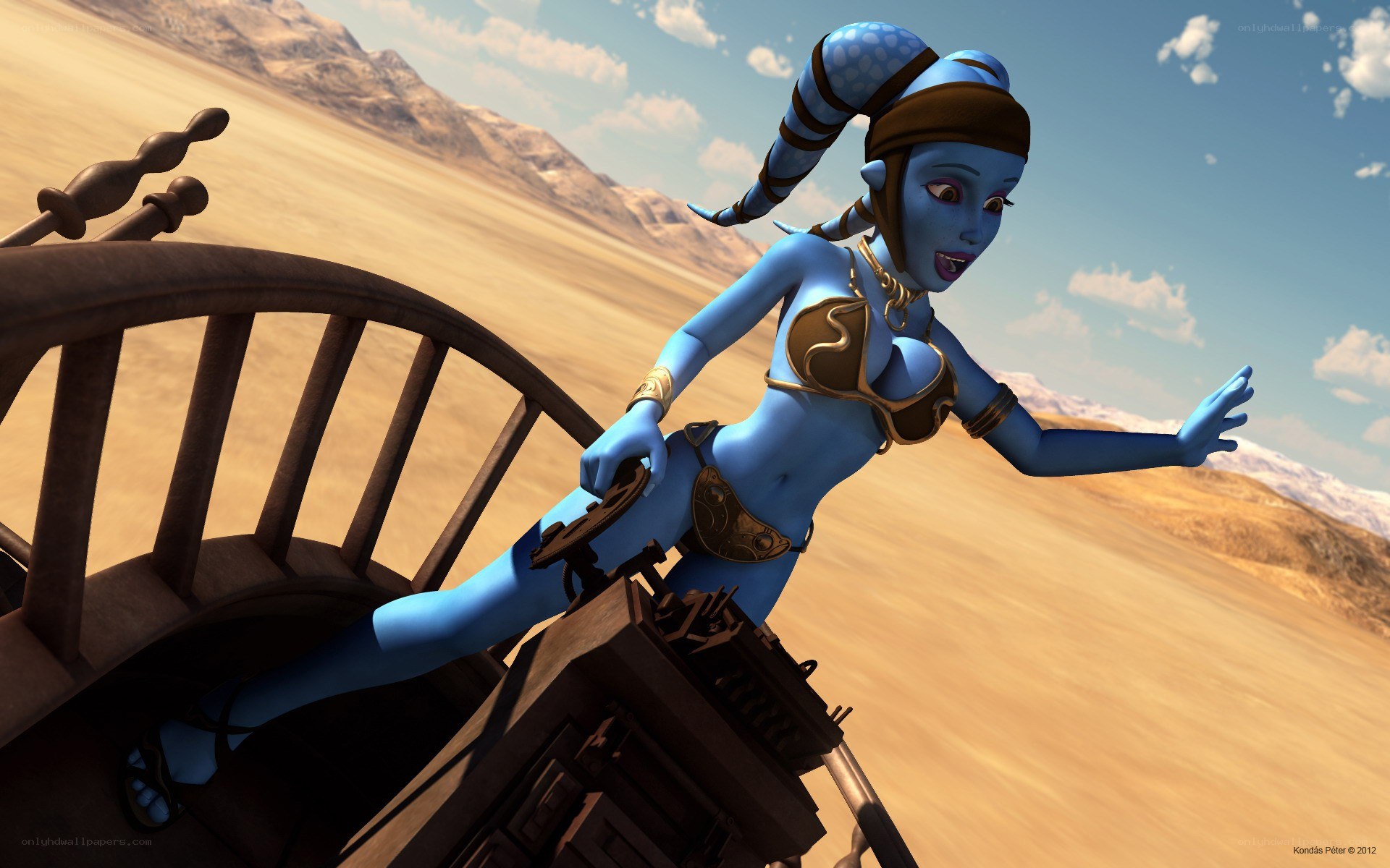 blue alien on desert vehicle