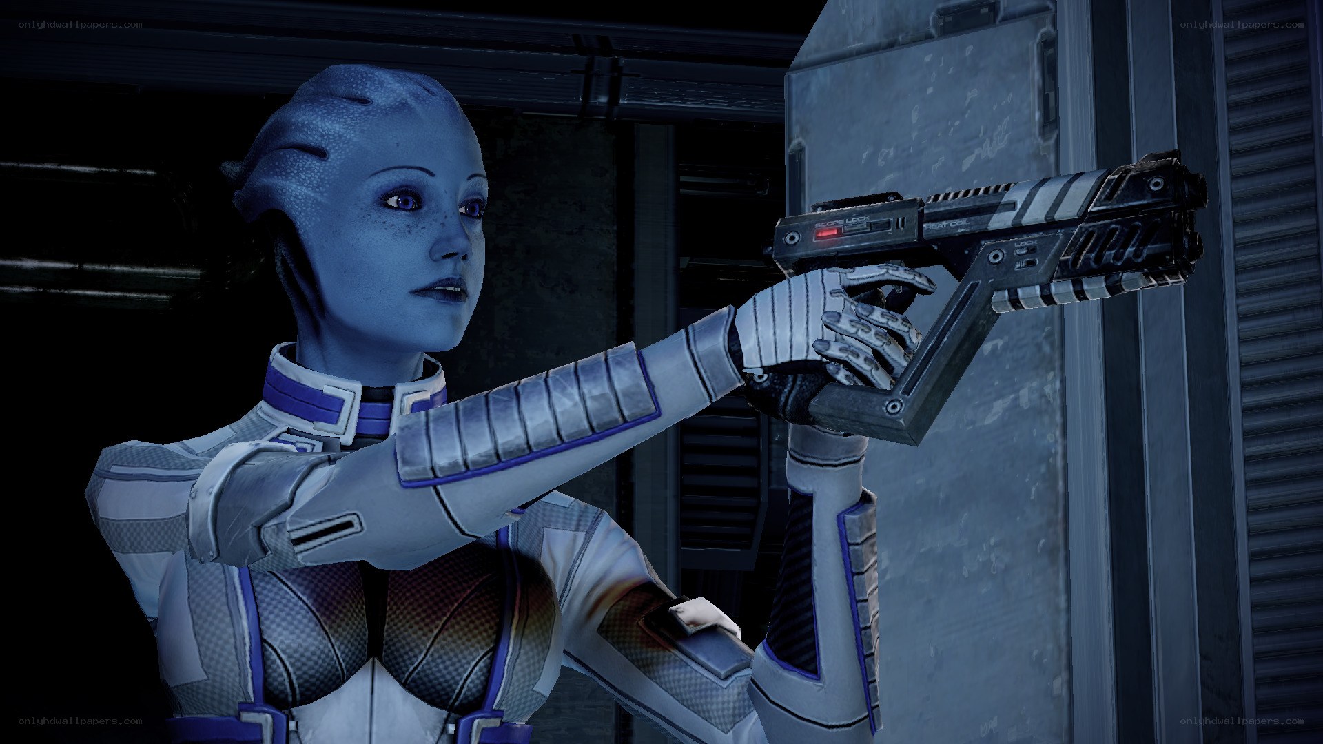 blue alien soldier with gun