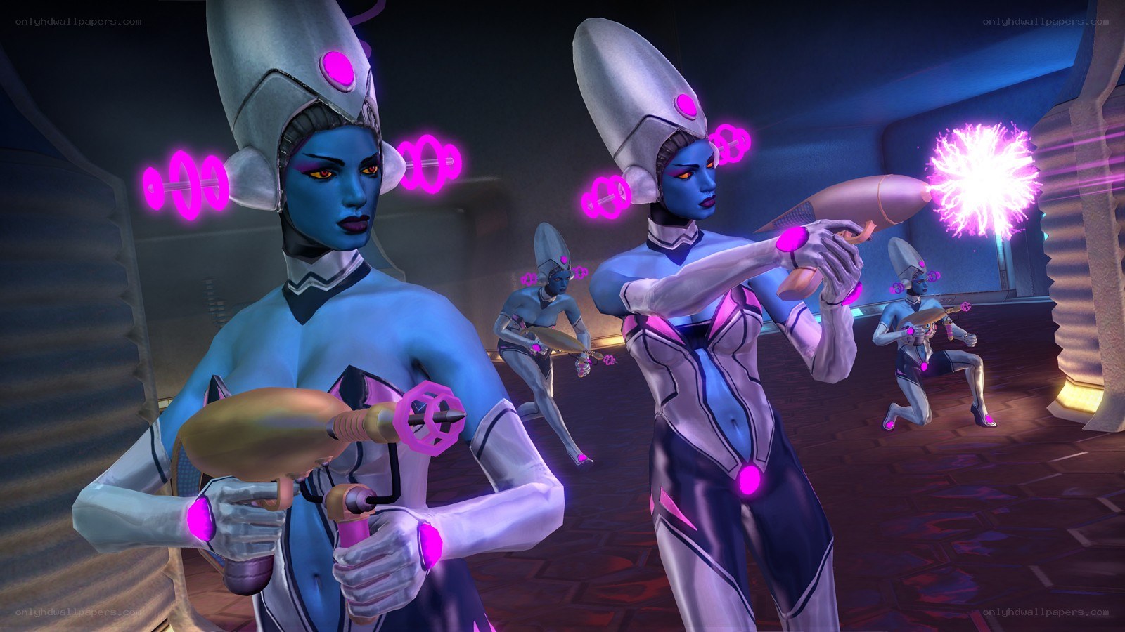 Blue alien soldiers in combat