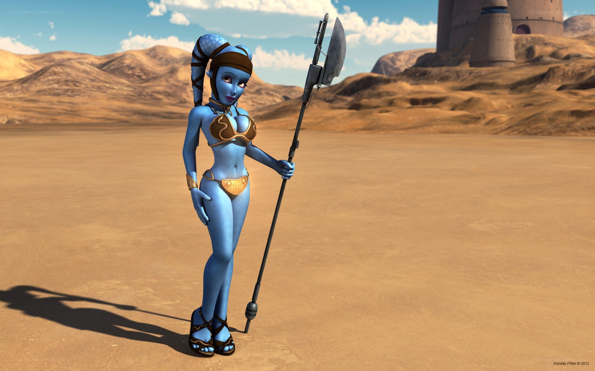 blue alien warrior in desert